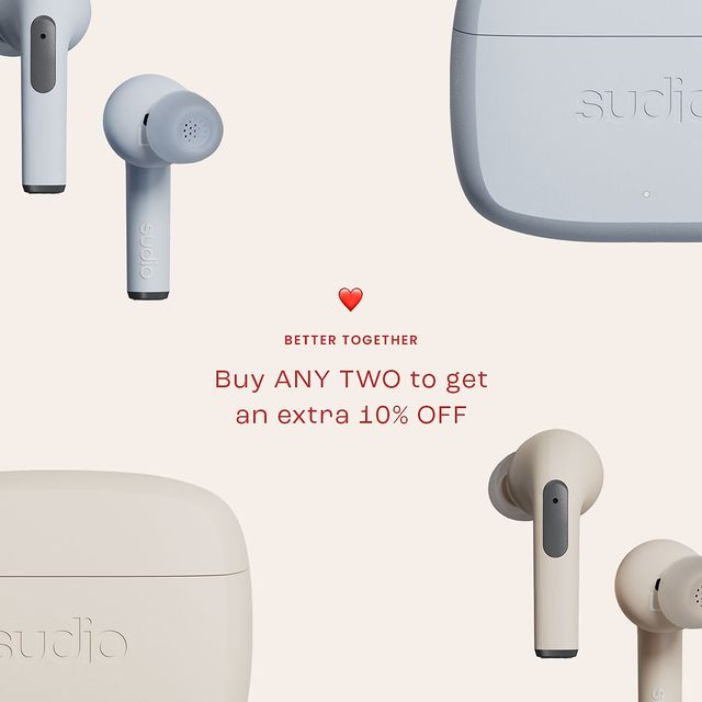 Better together, and that means two is better than one. Head to sudio.com to get an extra 10% off any two pairs of earbuds and headphones! ⁠⁠#sudio #designingsound #bettertogether #N2ProSteelBlue #N2ProSand