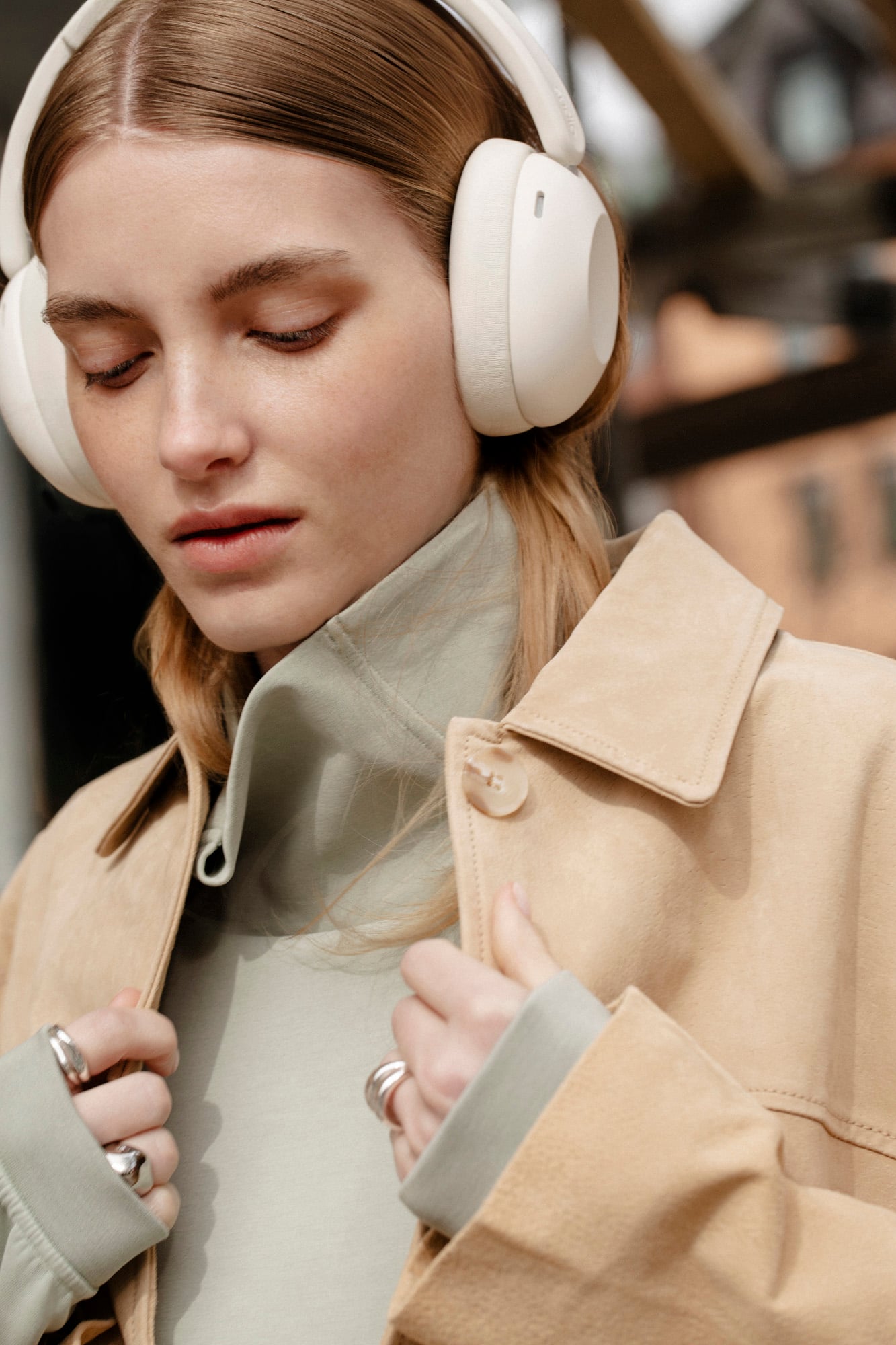 Sudio K3 Pro milk white headphones on model